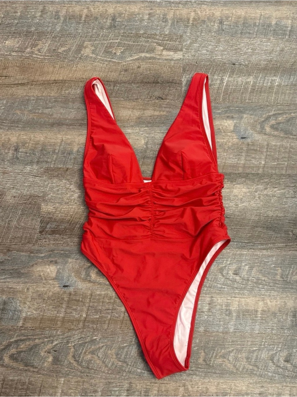 Cupshe Red Ruched V-Neck One-Piece Swimsuit